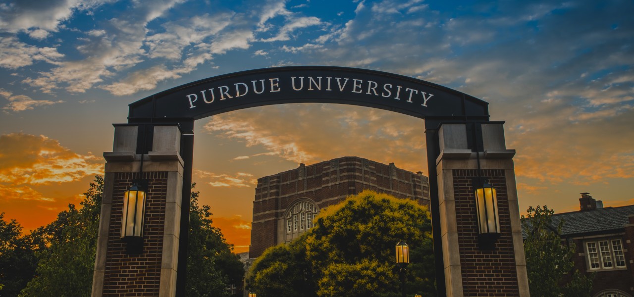 Purdue University arch at sunset