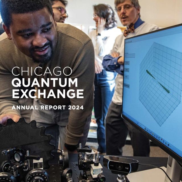 2024 Annual Report cover screenshot. Text: Chicago Quantum Exchange 2024 Annual report. Photo of a man looking at a screen during the launch of the nation&#039;s first publicly accessible quantum network in Urbana, IL