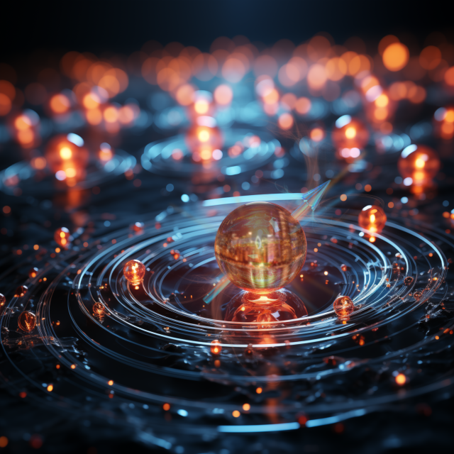 Abstract orange particle, spin up, floating on a rippled blue background.