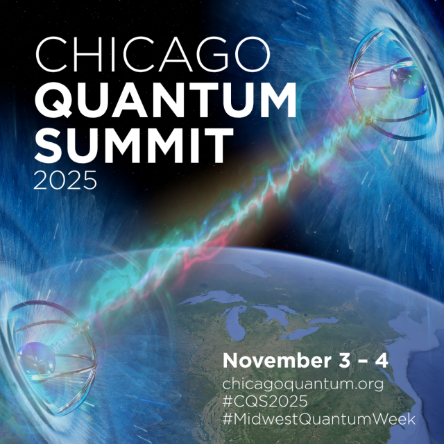 Chicago Quantum Summit 2025 graphic with entangled particles over the Great Lakes, as seen from space