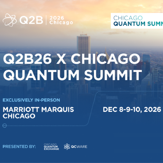 Promotional image for the Q2B26 x Chicago Quantum Summit with Chicago skyline at sunset and event details.