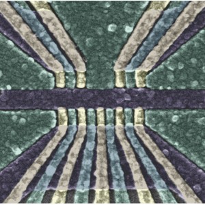 A false-colored scanning electron micrograph of the qubit structure featuring the “wiggle wells” developed by researchers at UW–Madison to improve the accuracy of quantum computers. The imaged area is about 1,500 nanometers across. For comparison, a human hair is between 50,000 and 100,000 nanometers wide. UNIVERSITY OF WISCONSIN–MADISON