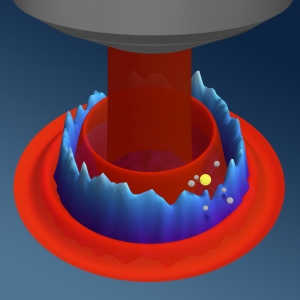 Super-resolution Airy disk Microscopy uses the Airy disk (red pattern) generated by diffraction from an objective lens aperture (gray cylinder) to localize and control an emitter (here a nitrogen vacancy center in diamond) below the diffraction limit. Emitter fluorescence is suppressed everywhere except in a very narrow ring (blue donut).