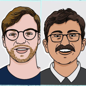 Cartoon of memQ founders Sean Sullivan and Manish Kumar