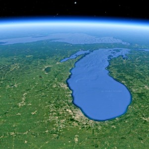 Google earth image of the Midwest region, encompassing Wisconsin, Illinois, and the Great Lakes. 