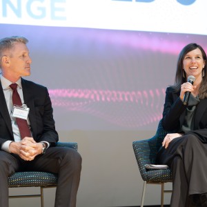 R. Wes Wheeler, Special Agent in Charge of the FBI’s Chicago office, looks on as Kate Timmerman, the CEO of the Chicago Quantum Exchange, speaks during a panel on public, private, and academic partnerships at the May 29 “Securing Our Quantum Assets” symposium cohosted by the FBI Chicago and the CQE-led Bloch Quantum Tech Hub. Photo by Anne Ryan.