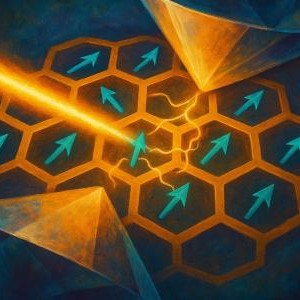 A conceptual illustration of a honeycomb pattern with arrows and a diagonal orange light beam.
