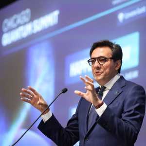 US Department of Energy Under Secretary of Science Darío Gil announces the $625 million quantum research center renewal at the Chicago Quantum Summit on November 4, 2025.