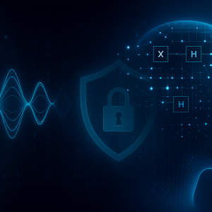 A digital human profile with a network pattern, shield with padlock, and wave patterns.