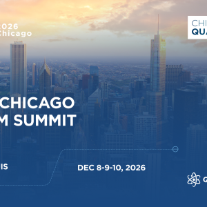 Promotional image for the Q2B26 x Chicago Quantum Summit with Chicago skyline at sunset and event details.
