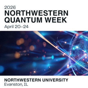 Promotional graphic for "2026 Northwestern Quantum Week" with abstract blue and purple background and digital globe imagery.