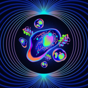 An illustration showing glowing cells and glowing protein structures, surrounded by a geometric muti-coloured circular design. The curved lines form a tunnel, with the proteins and cells in the centre.