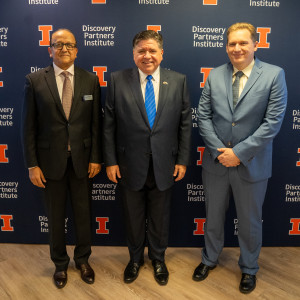 L-R: Rashid Bashir, Vice Chancellor for Chicago Strategic Partnerships, University of Illinois Urbana-Champaign, and Dean, The Grainger College of Engineering; Illinois Governor JB Pritzker; Jay Gambetta, Director of IBM Research and IBM Fellow (Credit: The Grainger College of Engineering, University of Illinois Urbana-Champaign)