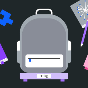 Illustration of a gray backpack with a weight label of "15kg," flanked by a purple notebook, a blue puzzle piece, a gray notebook with a starburst, a purple pencil, and a tipped pink cup.