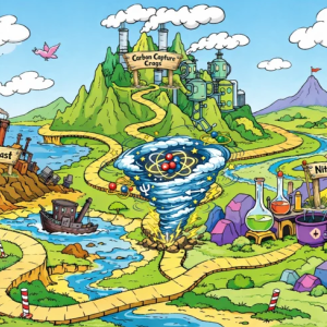 A cartoon world with locations such as "Carbon Capture Crags" and "Rusty Coast" with a quantum tornado