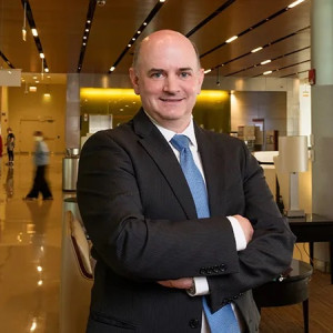 Greg Engel, Chair of the Department of Chemistry and professor in the UChicago Pritzker School of Molecular Engineering, standing in hospital lobby