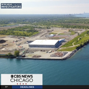 Aerial shot of IQMP construction site with a banner superimposed in corner with text: CBS News Chicago Investigators