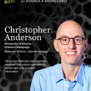 Portrait of Christopher Anderson with Packard Fellowships text and a dark molecular-pattern background.