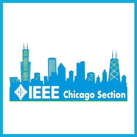 IEEE logo in front of Chicago Skyline in sky blue and teal