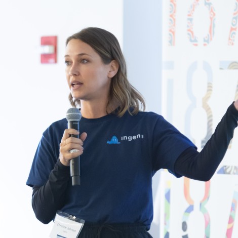 Christine Johnson, who co-founded the quantum company Ingenii despite not having a technical background, presents at the BIG Q Hackathon hosted by the CQE and QuantX in 2023. 