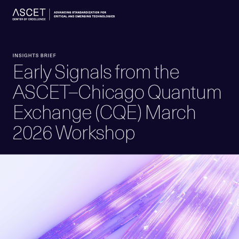 Image with ASCET logo and text about early signals from ASCET–Chicago Quantum Exchange March 2026 Workshop over a background of colorful streaking lines.